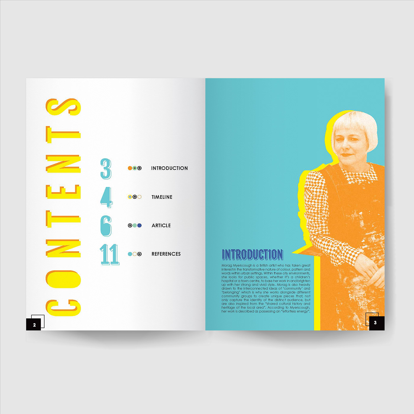 bright Colourful  design editorial Fun Layout magazine publication timeline