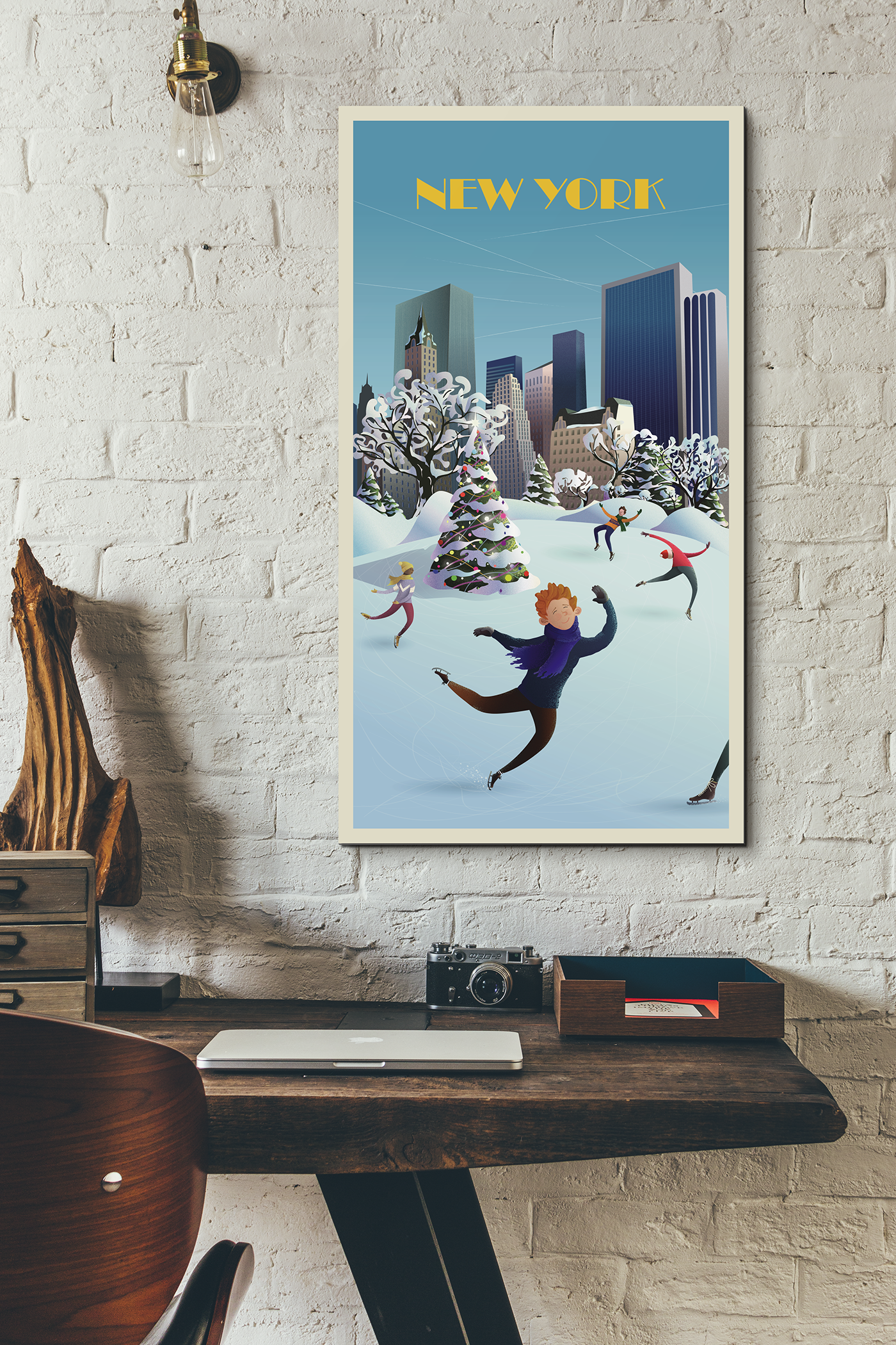 New York Christmas Central Park Ice Rink ILLUSTRATION  vector poster postcard Character design  cartoon characters