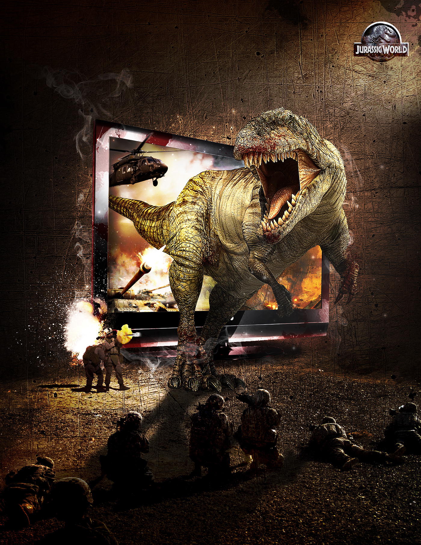 Dinosaur movie poster jurassic War fire REX Tank helicopter