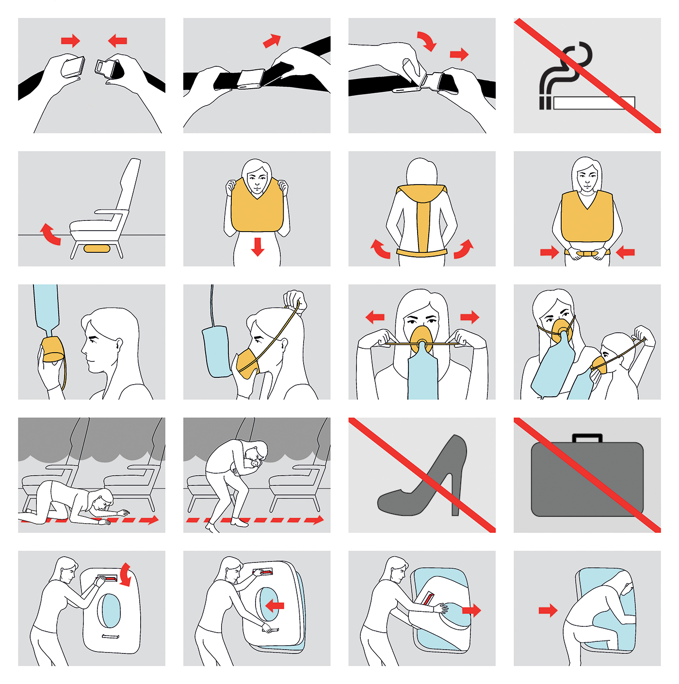 Aircraft safety card cards Airlines adria emergency instruction infographics pictograms
