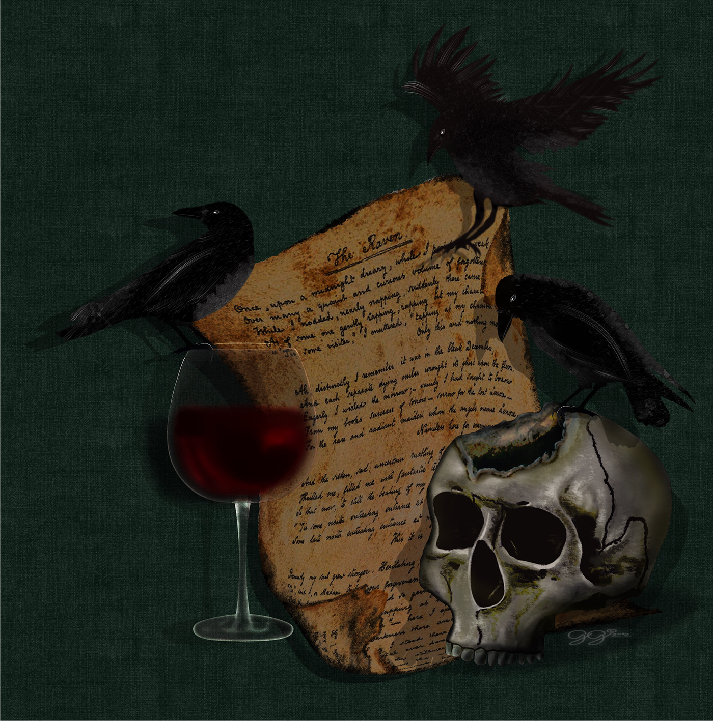 grotesque skull alcohol dark art Edgar Allan Poe fear parchment raven the raven wine