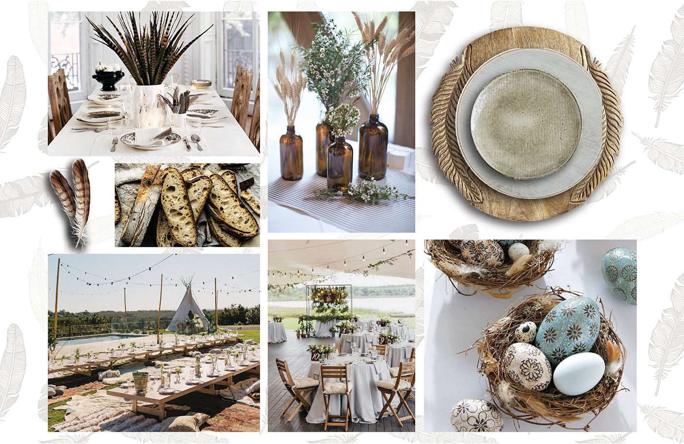 table setting mood board feathers event planning wedding Home products