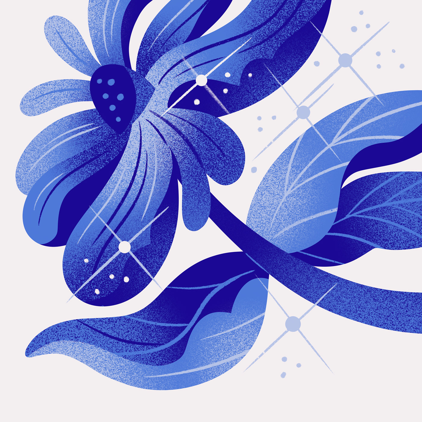 Illustration using noise texture of a spring blossom in monochromatic blue, surrounded by stars and 