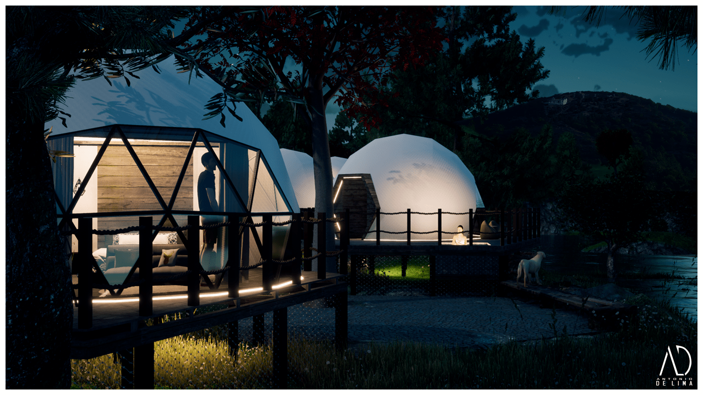 3D architecture camping dome Geodesic glamping Landscape Nature Render