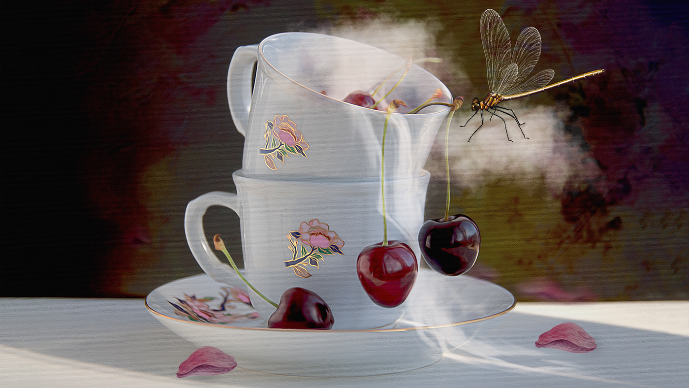 Fantasy digital illustration
 cherry and dragonfly