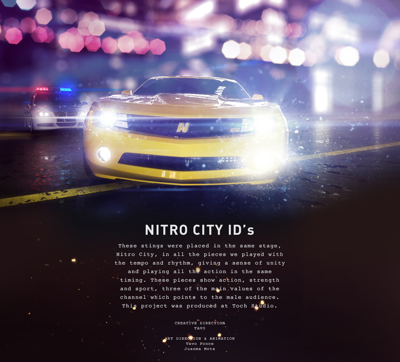 Cars nitro Channel brand ID opener bumper 3D CGI city night tavo