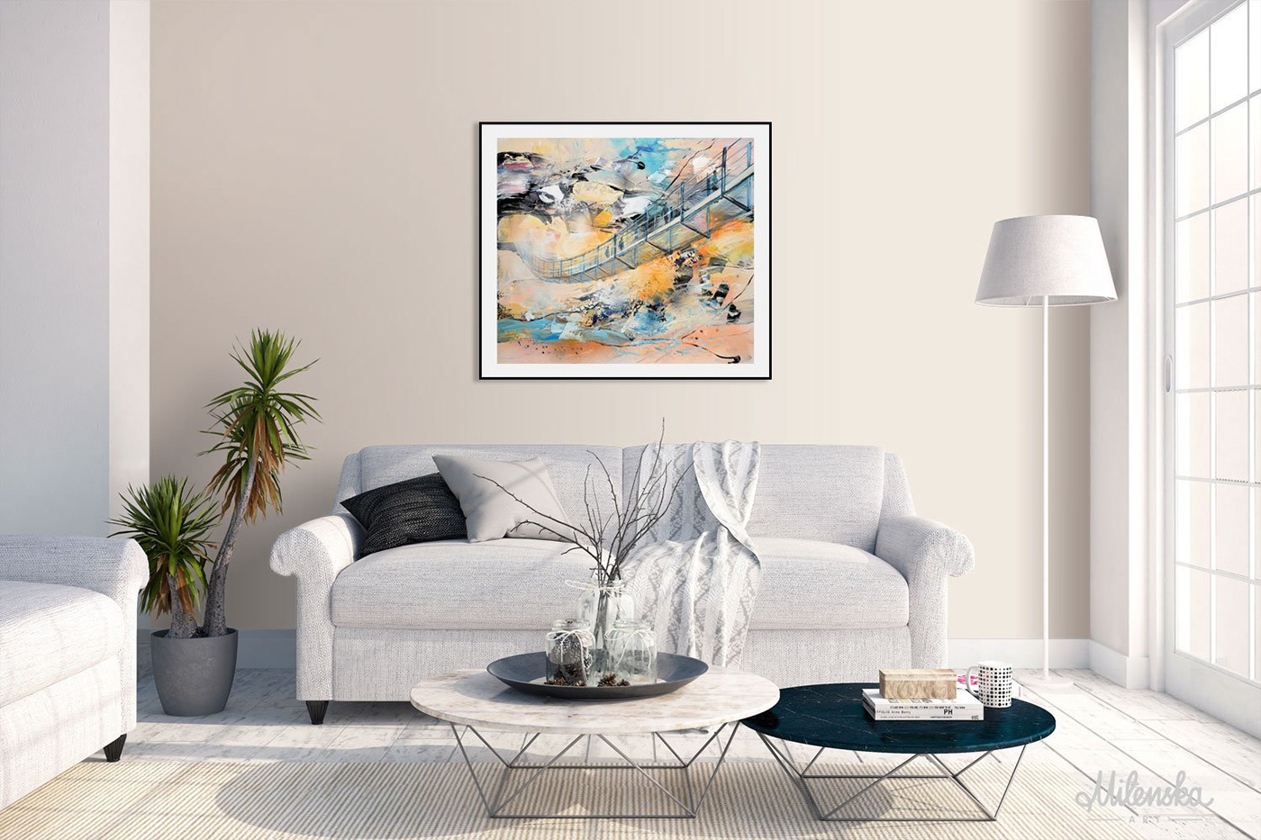 modern abstract bridge painting Mixed Media Art blue and orange Black and orange acrylic painting Acrylic and Oil people