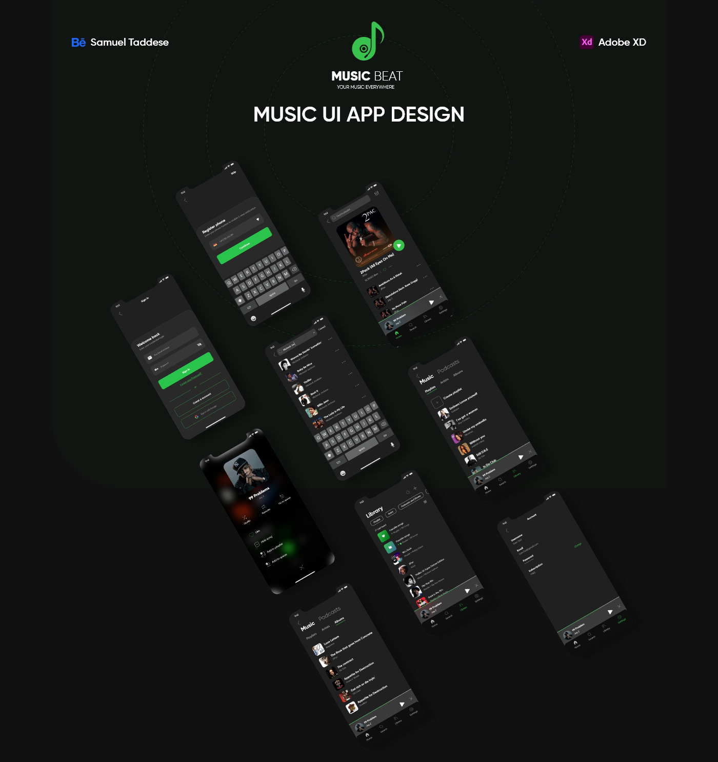 app design dark theme Mobile app music playlist ui design UI/UX user experience user interface xD