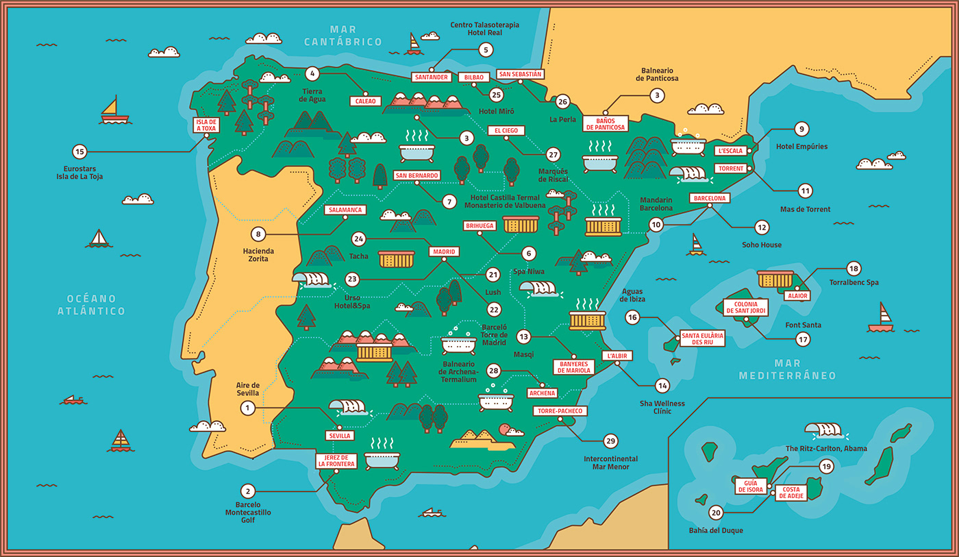infographic map Wellness spain Spa iconography ILLUSTRATION 