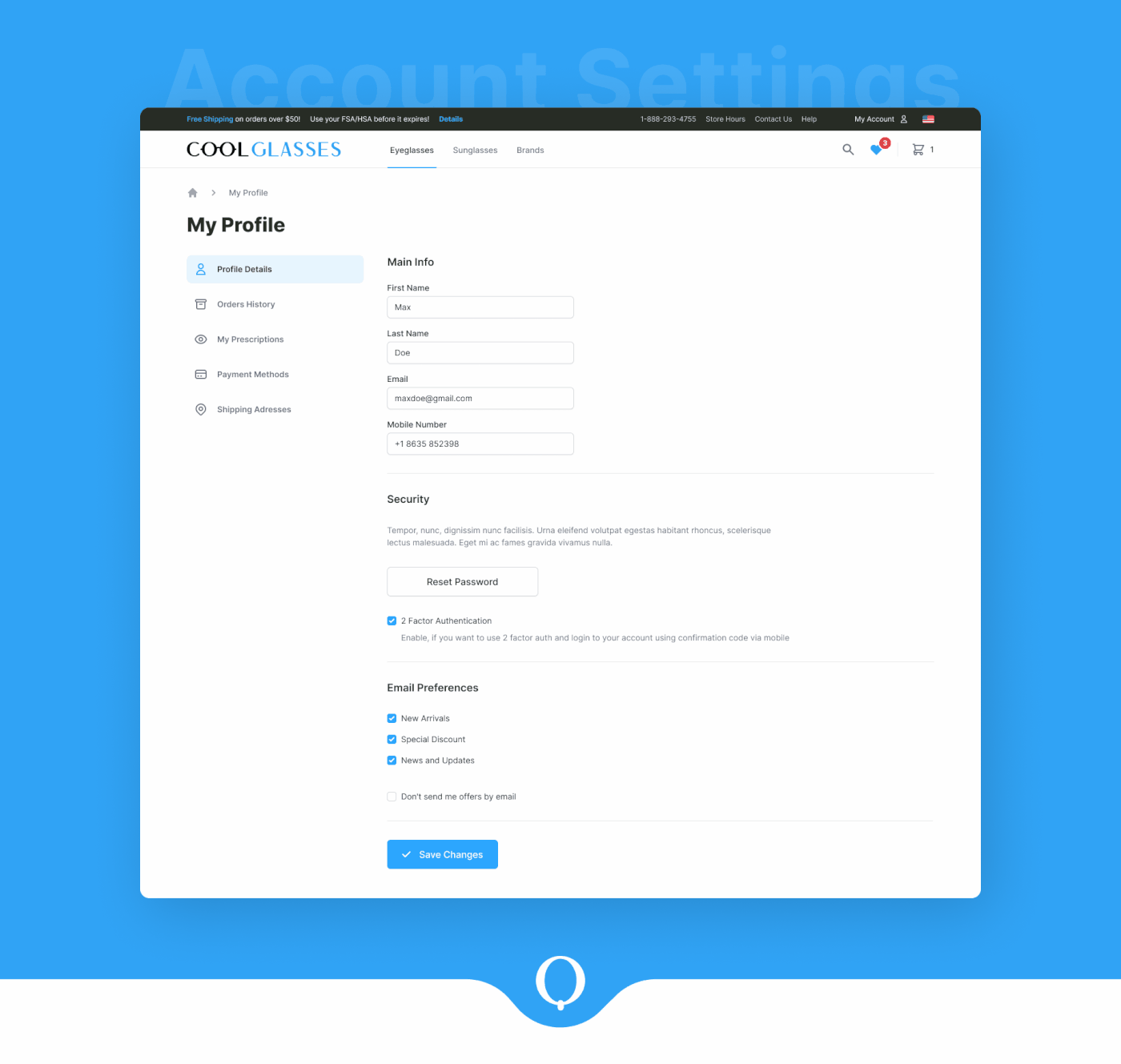 The settings page can group different types of features: Profile, notifications, orders history