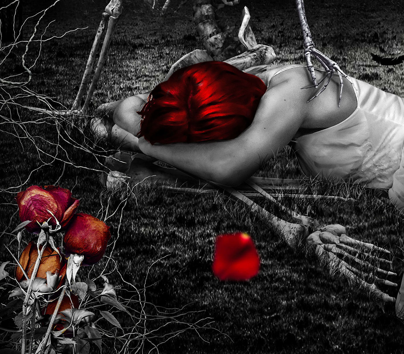Huesos amor pareja petalos chaosefec bosque encantado rosa calavera esqueleto