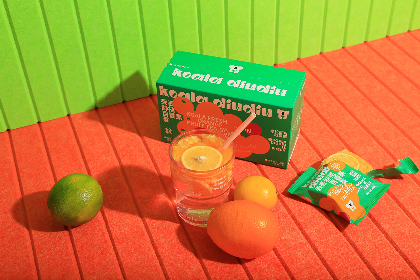 color drinks Food  fresh Fruit graphic design  koala package tea 包装