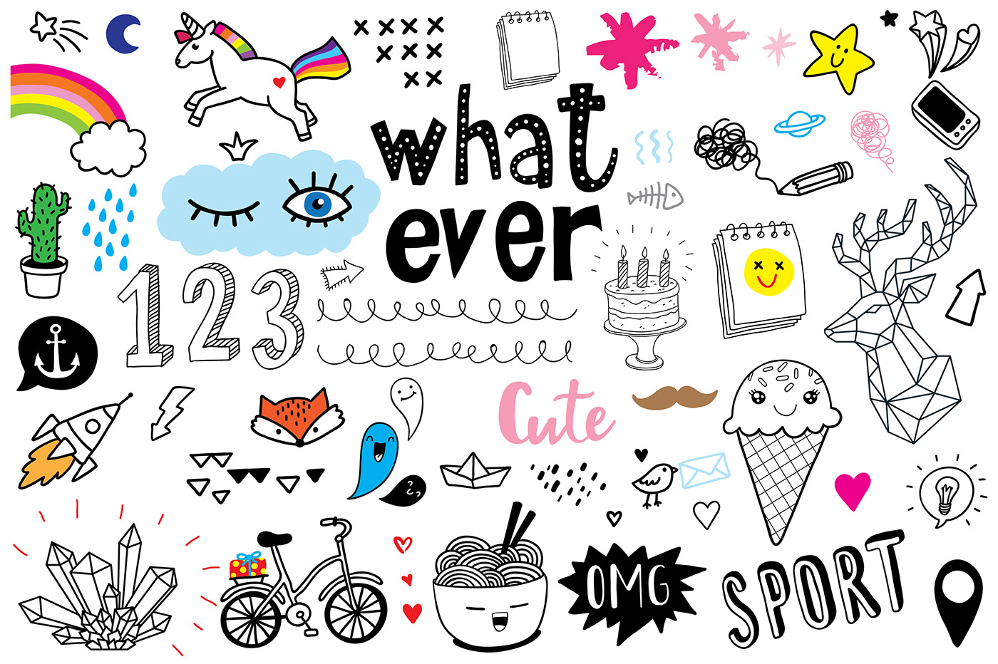 doodle vector Icon design elements Web lettering objects summer cute Food 
