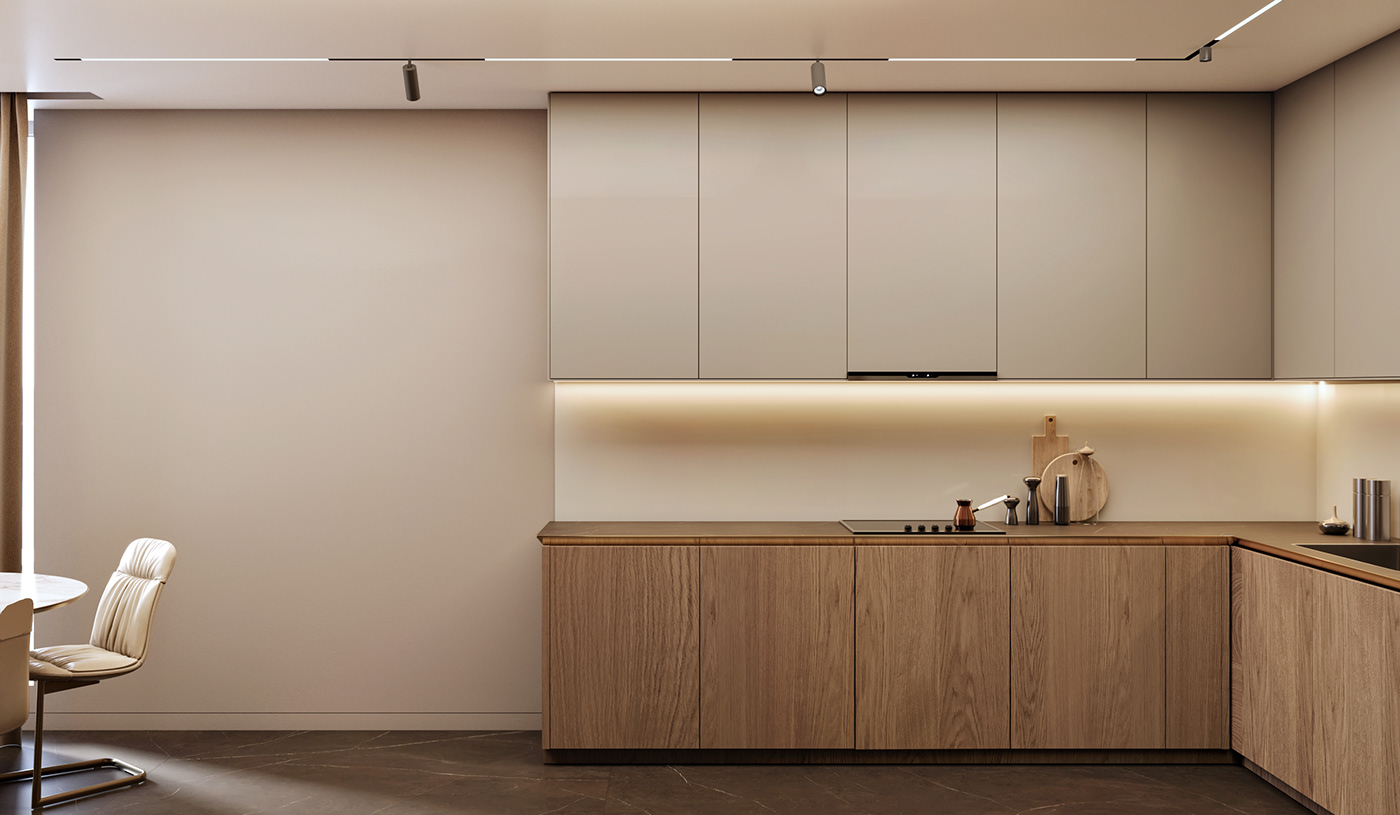 kitchen design minimalist beige interior visualization 3ds max modern corona