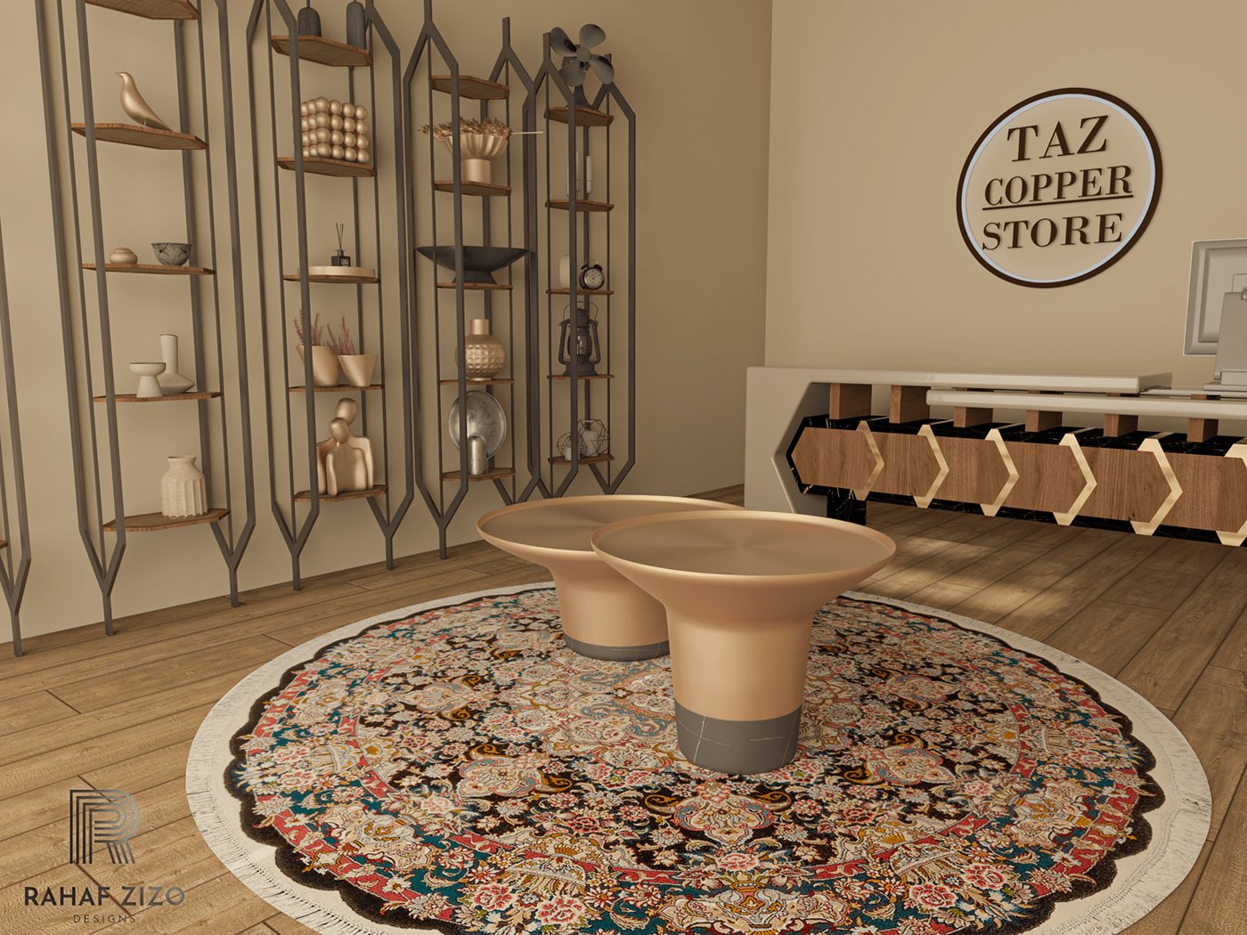 indoor copper architecture 3D Render 3ds max vray visualization counter