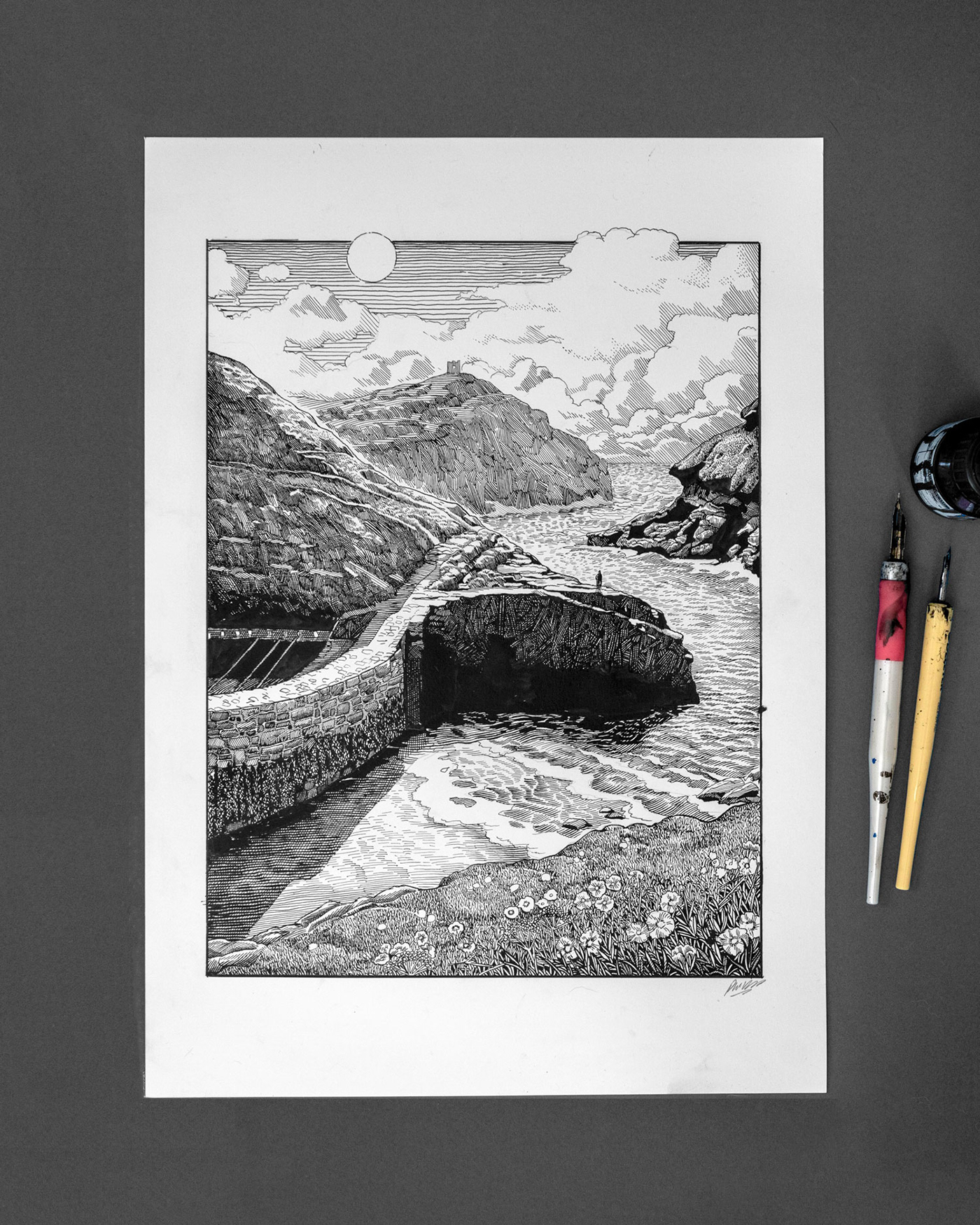 black and white clouds Drawing  ink drawing Landscape Nature pen and ink sea SKY TRADITIONAL ART