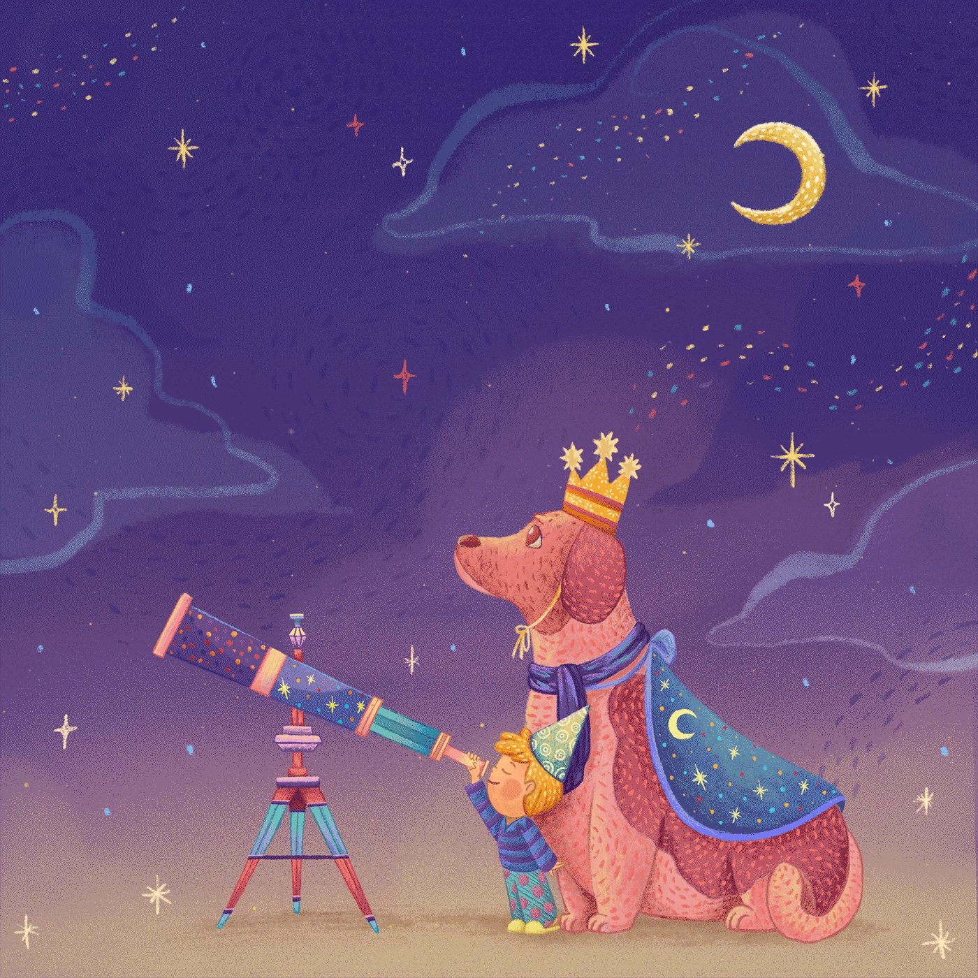 fantasy childrens book kids dreamland night stars colorful Telescope dog SKY