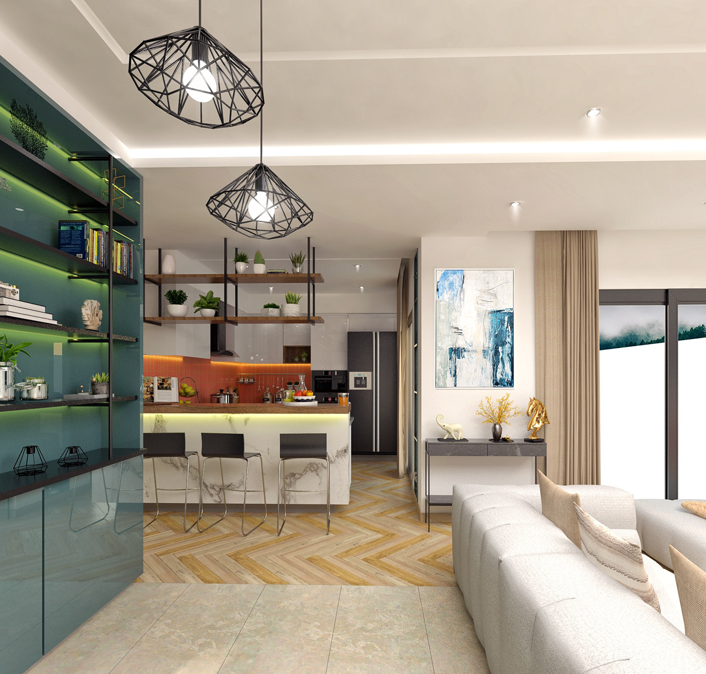 Apprtment interior design  kitchen living room minimalist Modern Design Open Space relooking renovation visualization