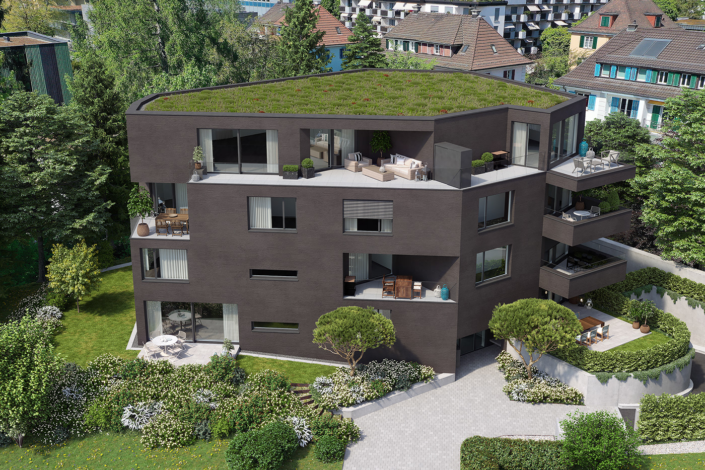 3D archviz design exterior garden modern swiss Urban Zurich