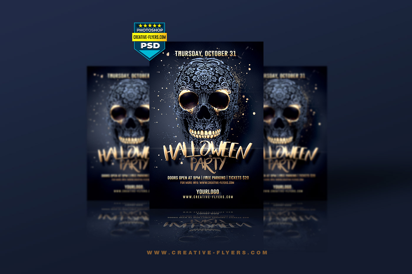 Halloween flyer templates graphics design invitations Adobe Photoshop psd files Halloween party posters black and gold skulls