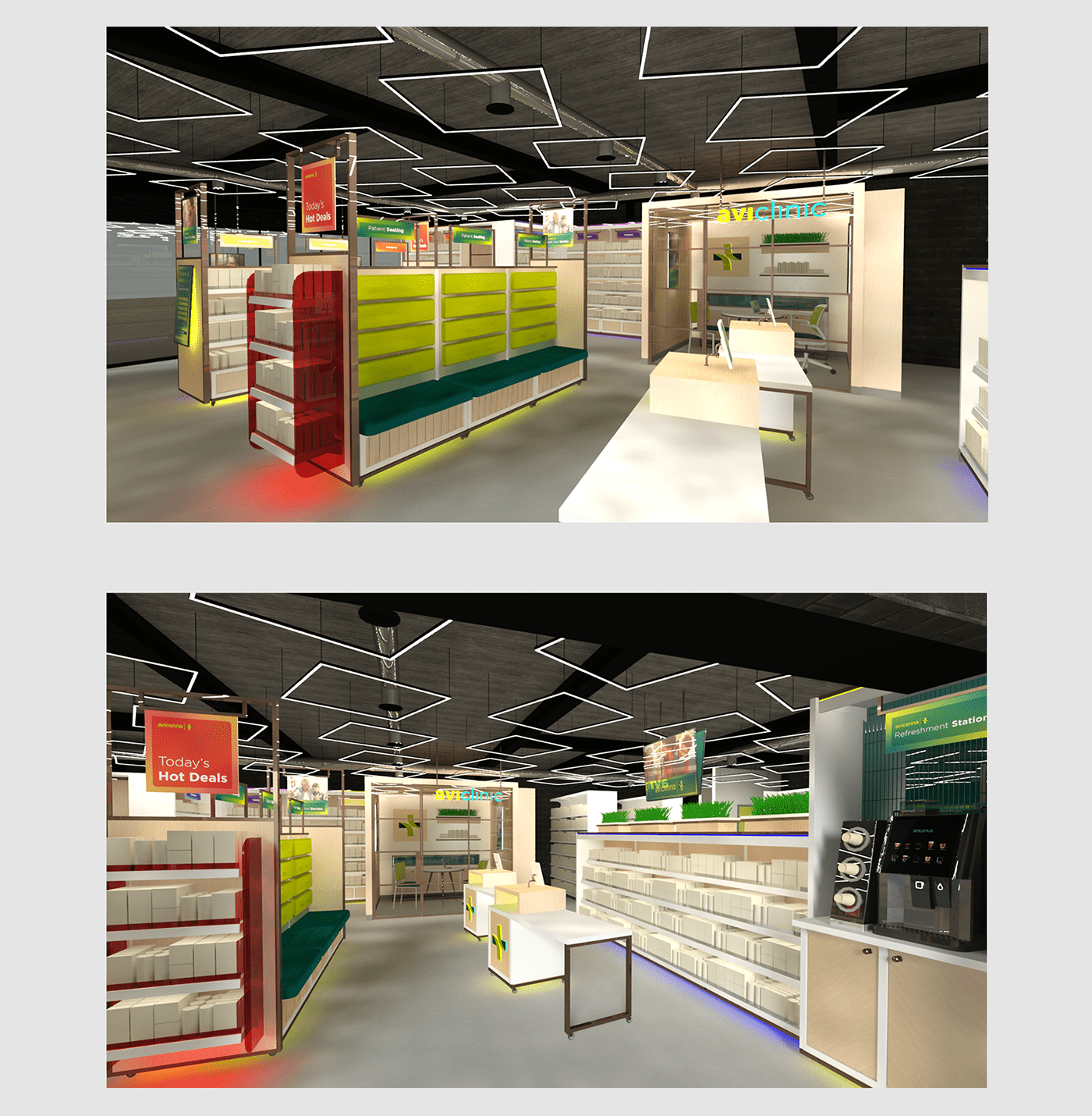 pharmacy medical Health Retail design store concept Render visualization 3D