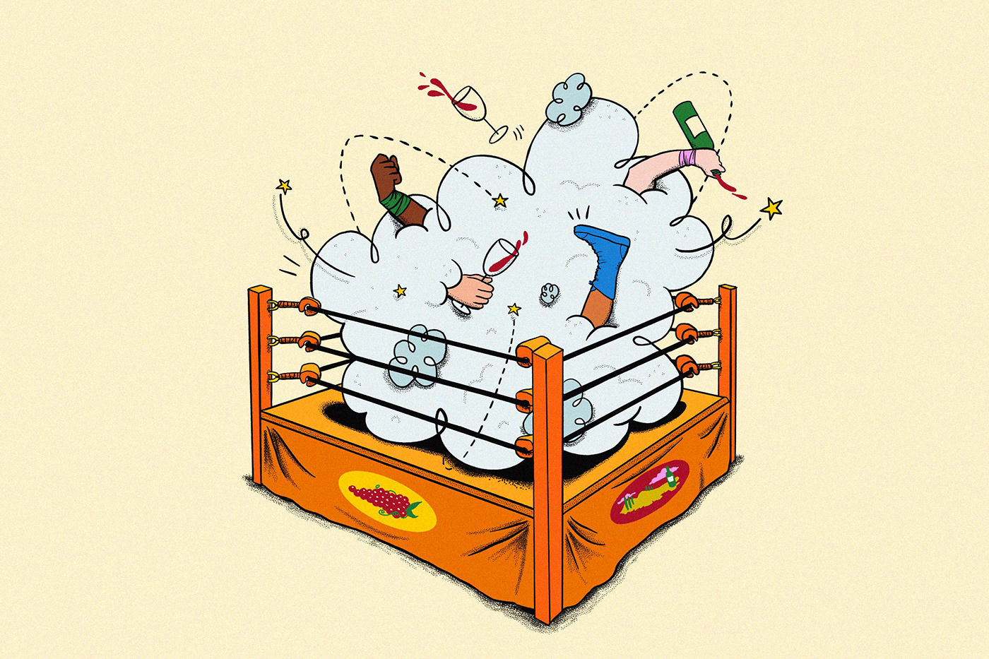 A cartoonish scuffle in a wrestling ring, using wine glasses and bottles as weapons.