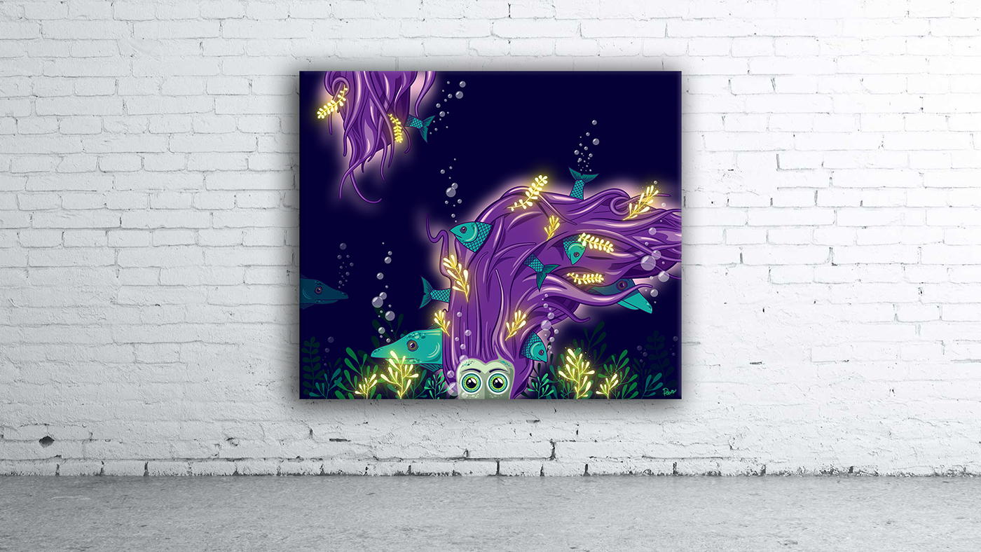 digital Drawing  art ILLUSTRATION  colorful purple mermaid sea neon