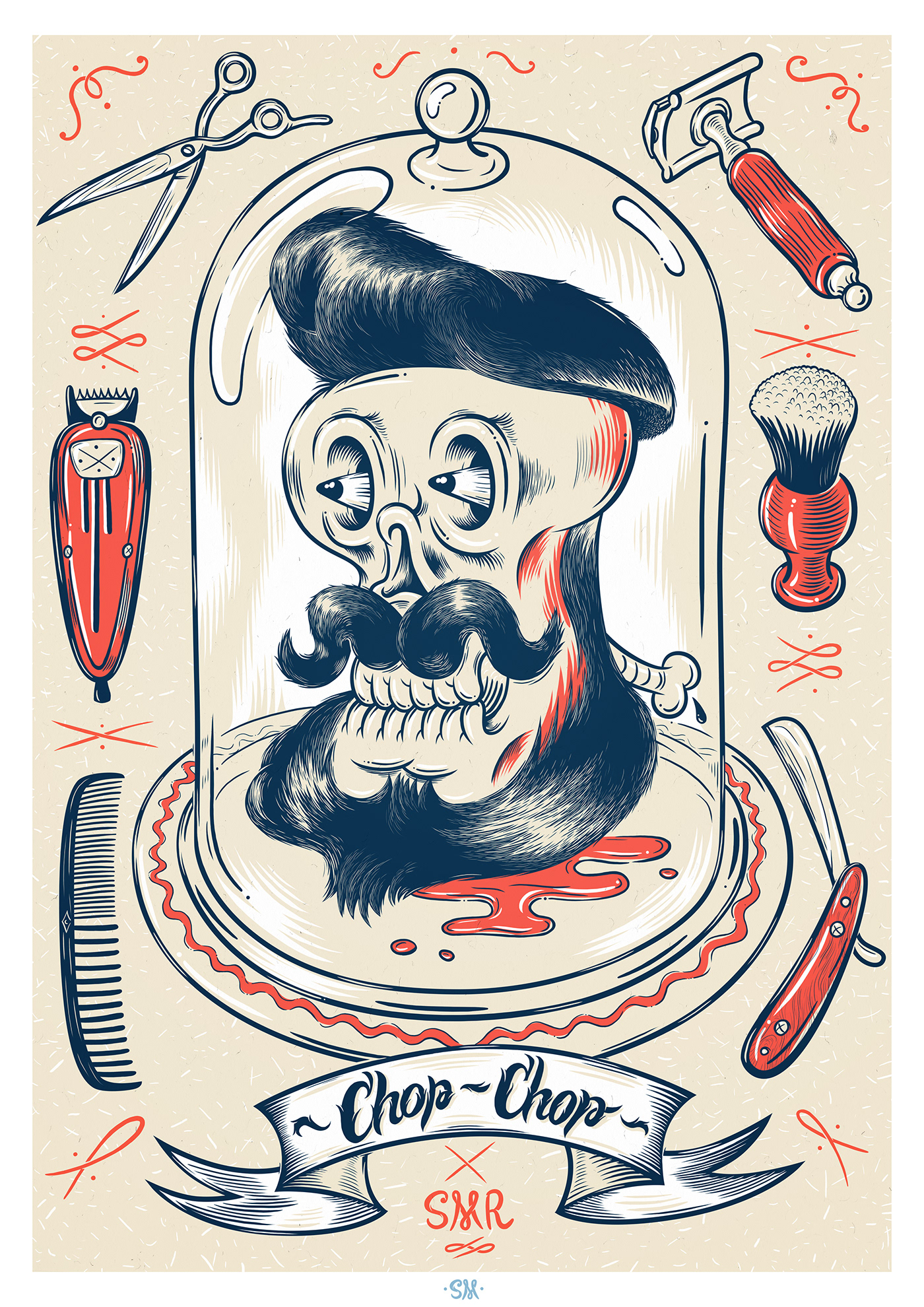 chop-chop barbershop barber shop haircut shaver Razor clippers scissors beard mustache poster skull Dead man tattoo ROck Poster