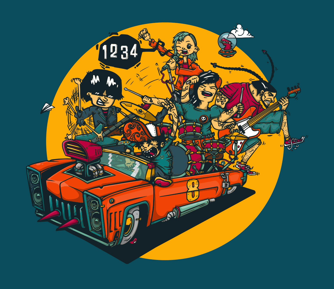 Ilustración de coche con grupo de rock encima.