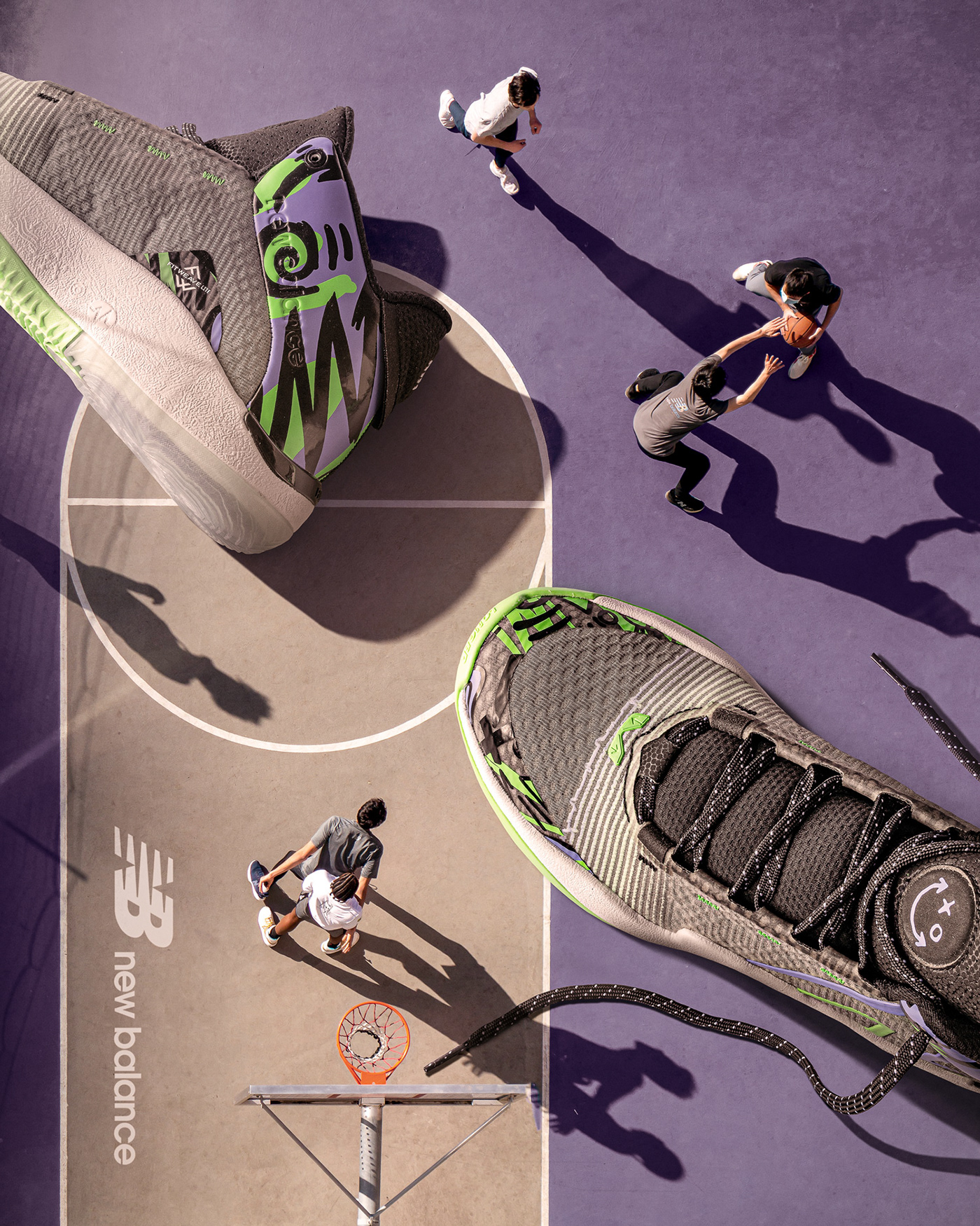 Photo composite of giant sneaker on basketball court . Retouching using Photoshop