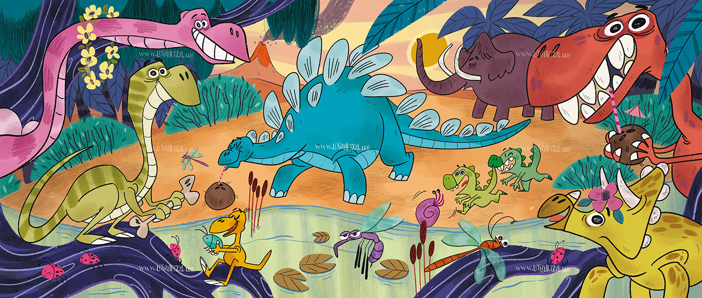animals cartoon children's book digital illustration Dinosaur dinosauri kids party prehistoric t-rex