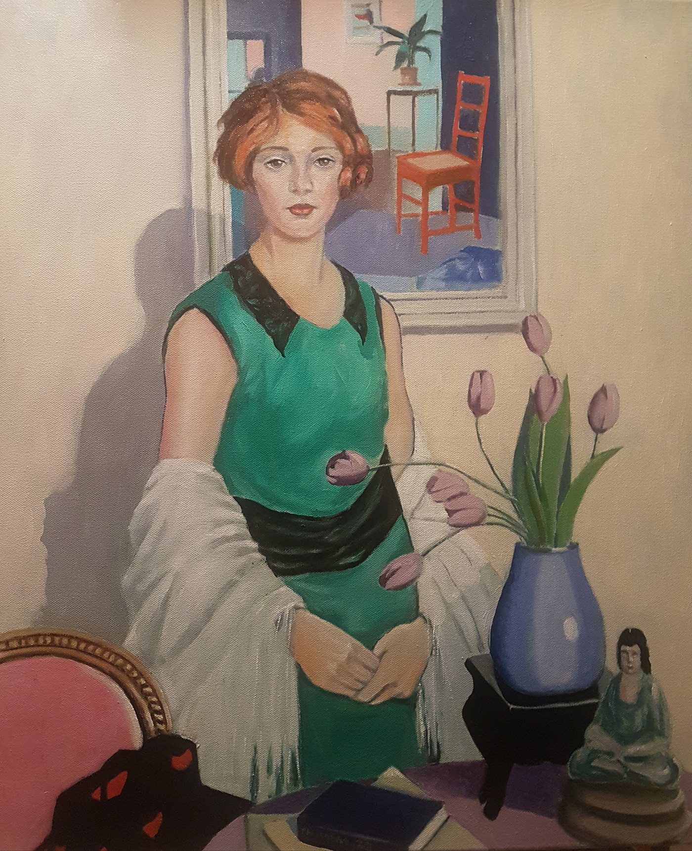 Female portrait George Bear green dress Oil Painting Portrait with still life scottish colourist tulips