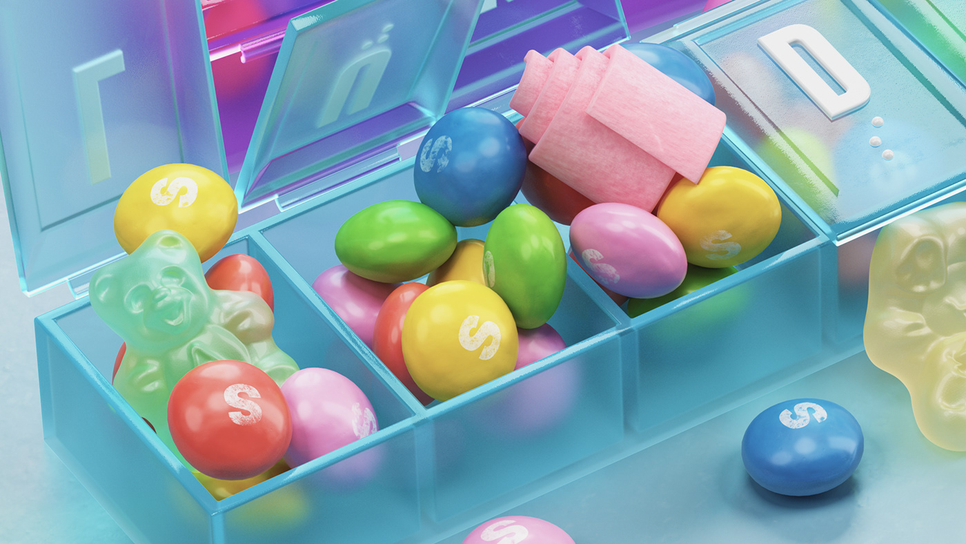 3D books Candy Food  motion pill Piñata Render surreal