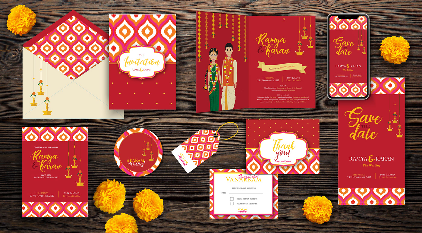 wedding Ikat Gujarati tamil card marriage Marigold floral caricature   India