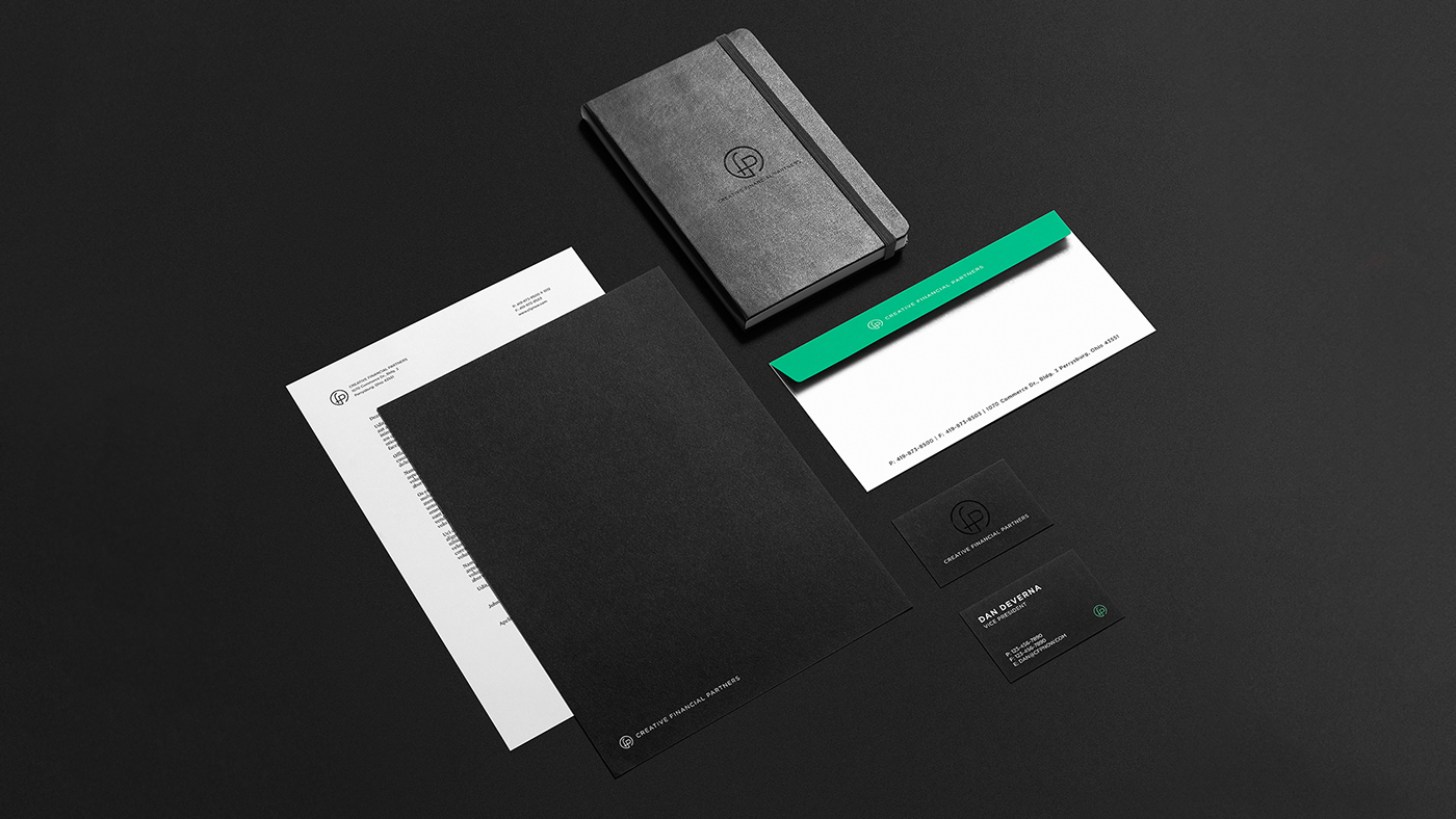 print business card letterhead Stationery logo Brand System financial Investment banking black White accent foil folder