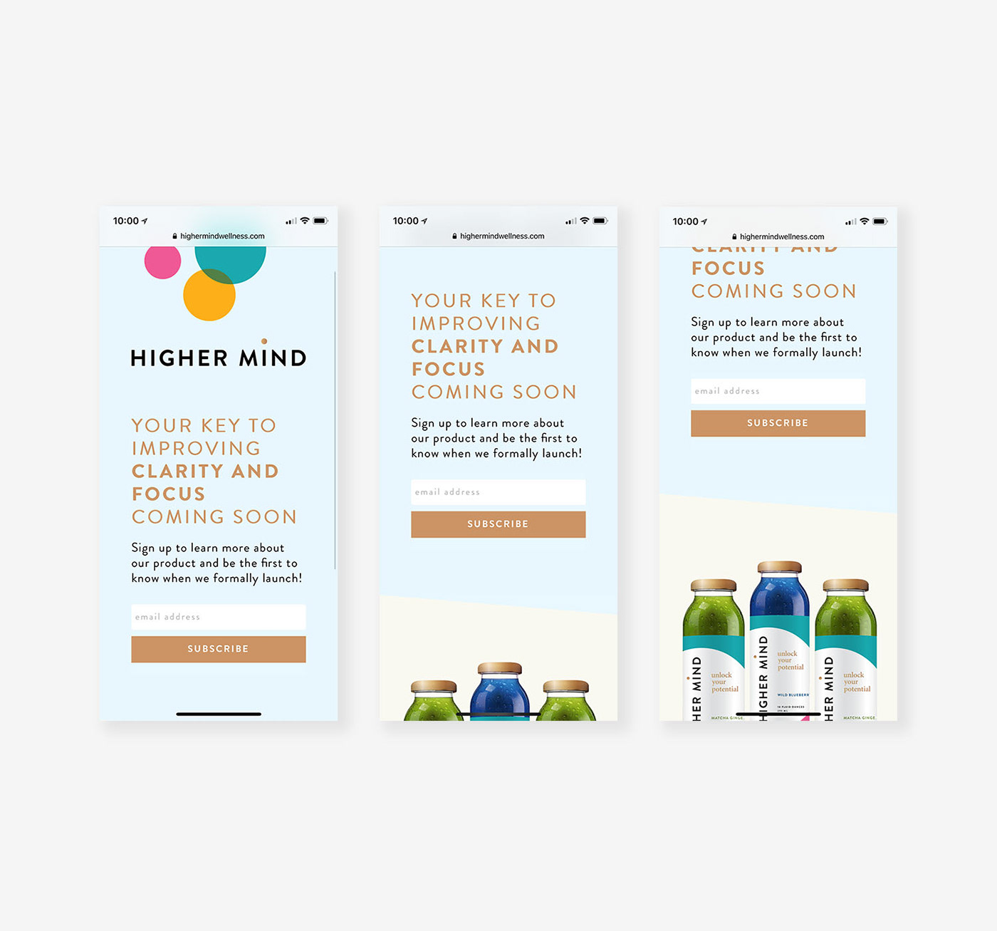 higher mind naturopathic beverage Web Design  UI/UX Design Responsive web design Shopify e-commerce typography   Adobe CC sketch app