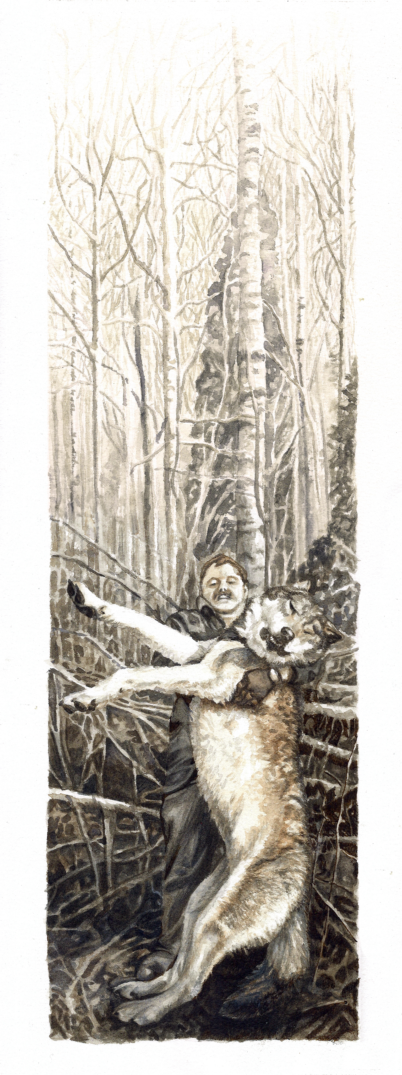 hunter dog wolf forest trees woods birch man vertical