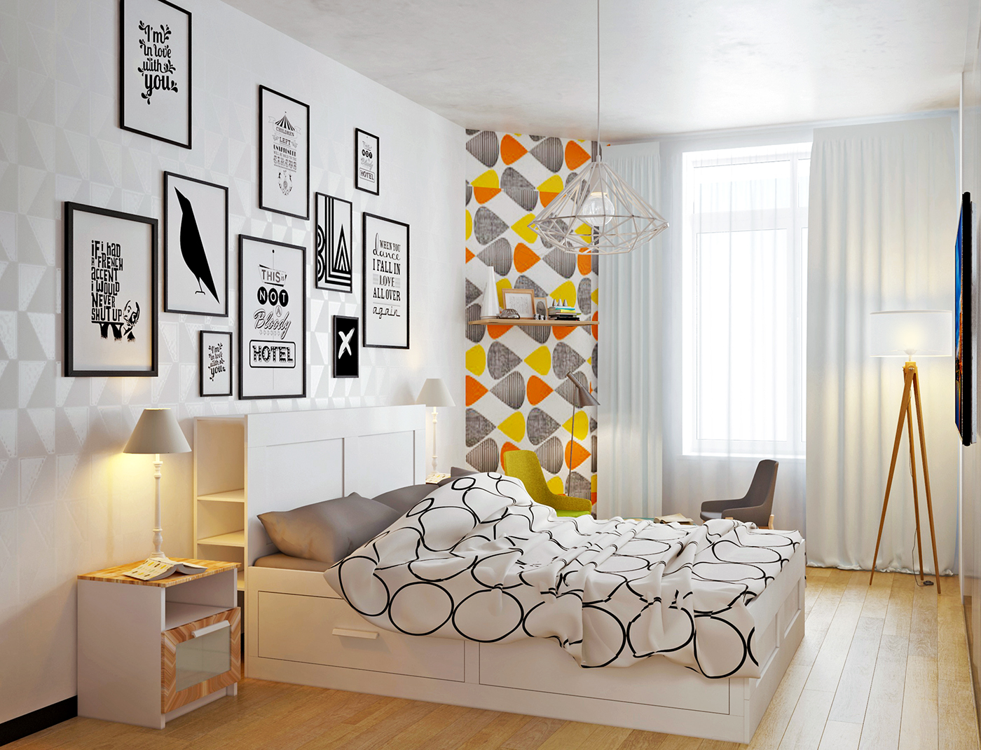 Scandinavian vray modern contemporary blue White ikea bo concept B&B visualisation nordic Minimalism Interior living room bedroom