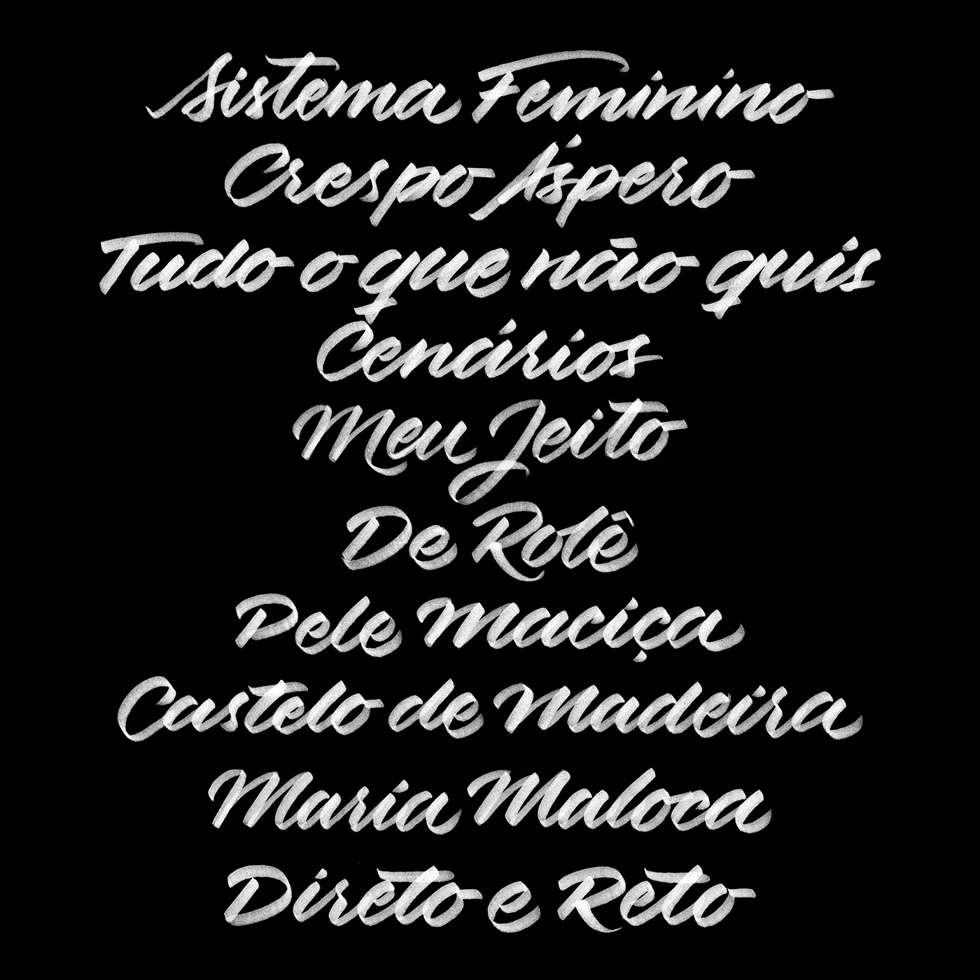Títulos das músicas do álbum "Sistema Feminino" caligrafados.