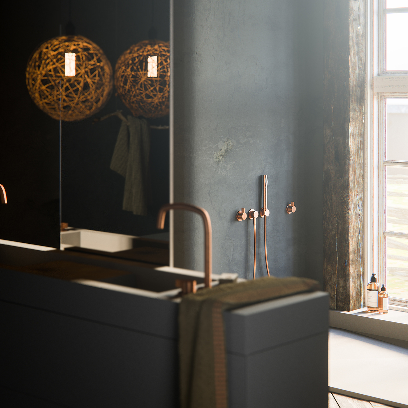 Interior bathroom finca Render vray dark rustic wood DoubleAye design