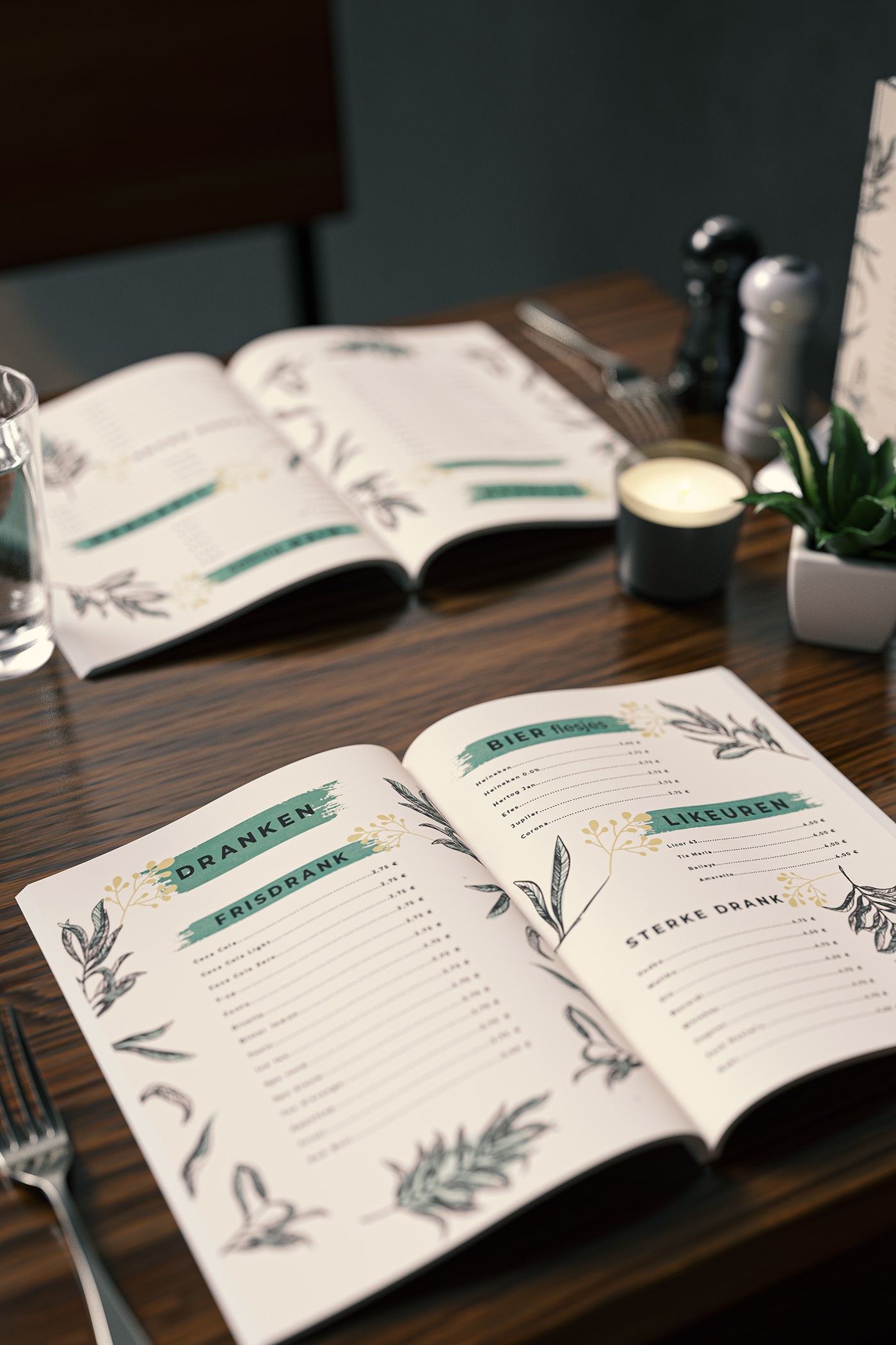 3D green menu olive print restaurant table vector