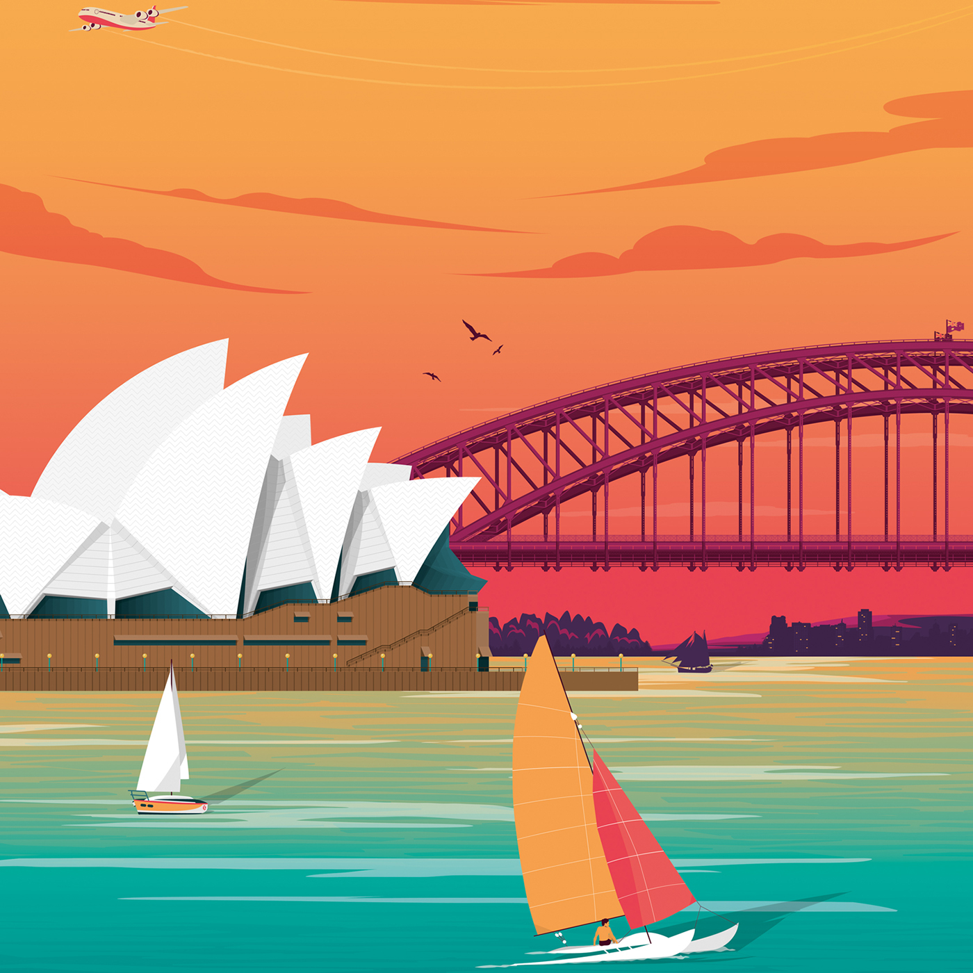 illustrated city Sydney Australia poster Travel vector Retro cityscape sunset ILLUSTRATION  vector design