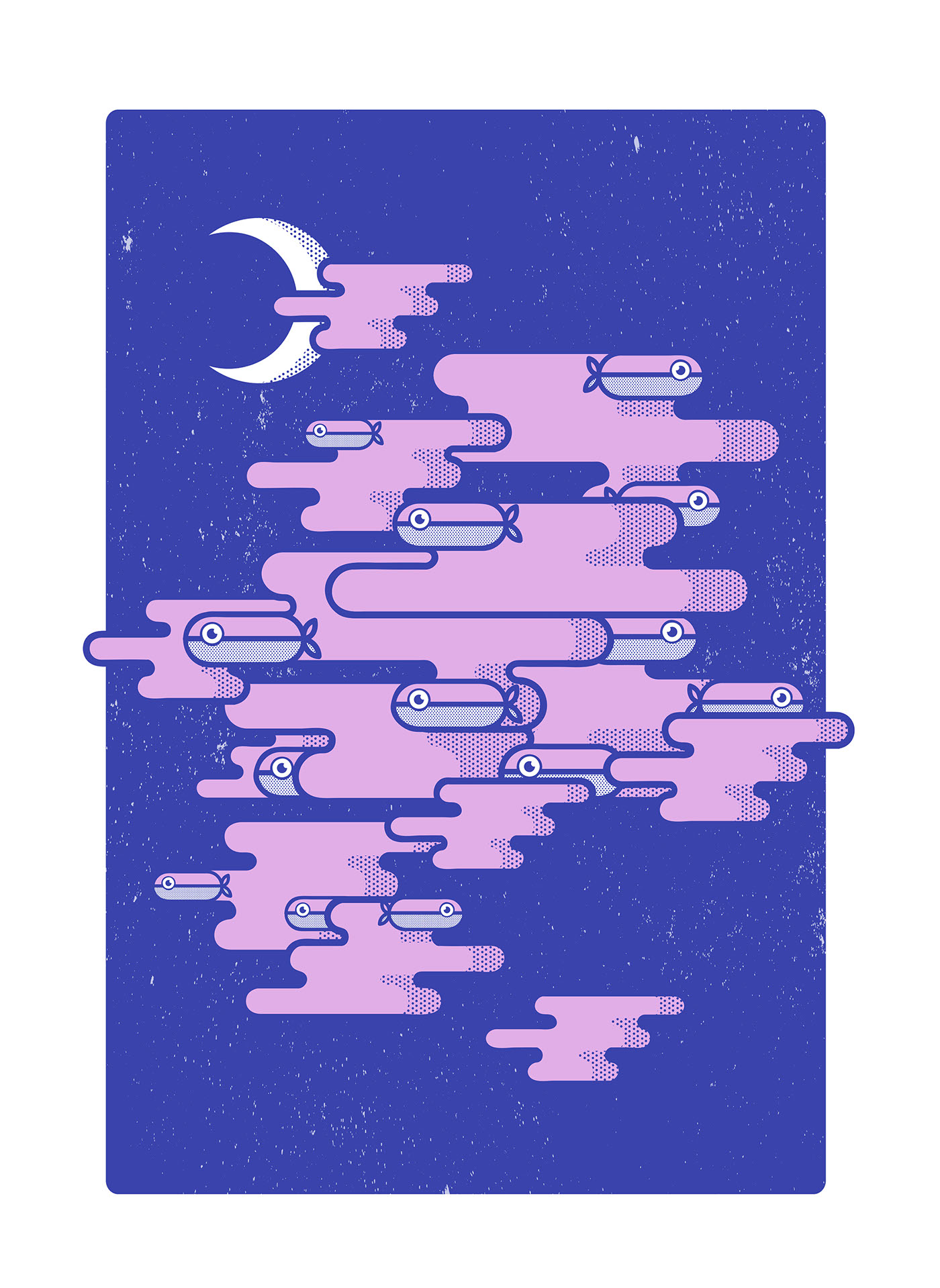 fish UQAM night nocturne moon pink halftone vector