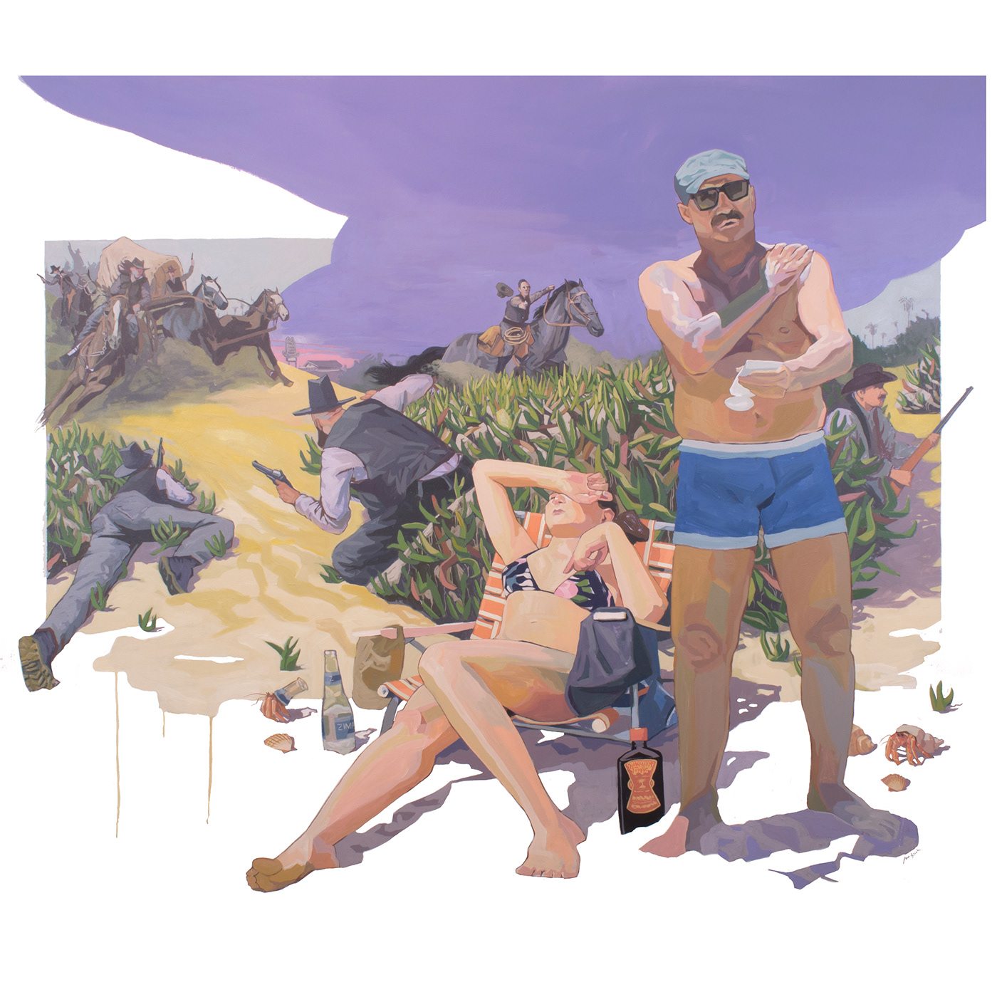 Retro beach vintage Realism realistic painterly colorful narrative people figures