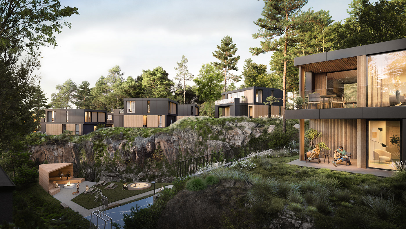 Stunning visualization of a modern building nestled in Norway's serene Bergen forest, offering an id