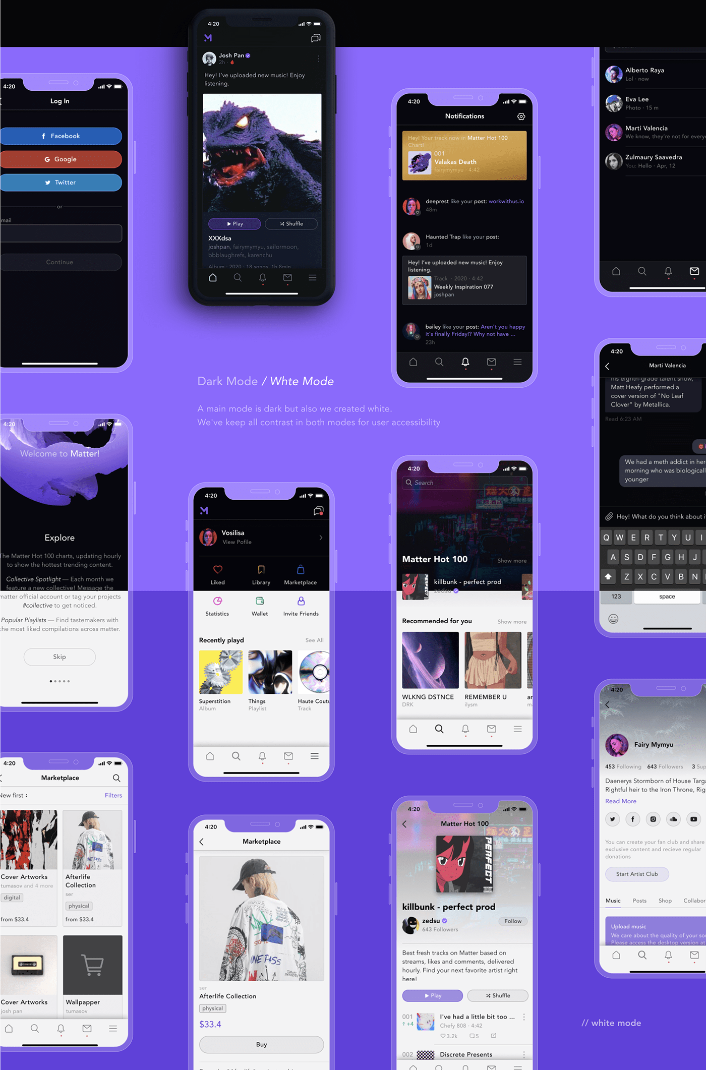 3D app dark mode ios music player purple UI ux White Mode