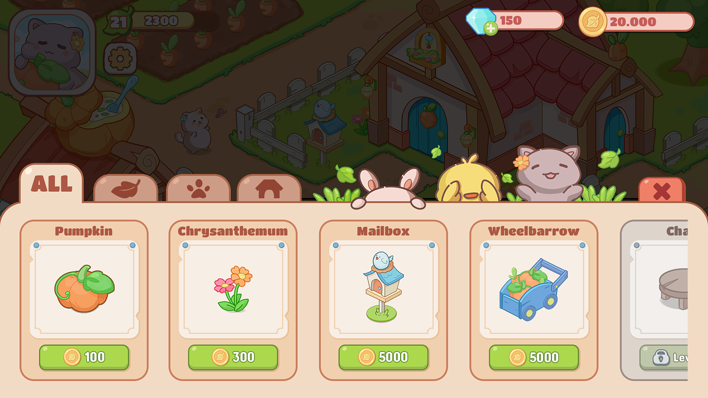animals cartoon Cat farm Game Art game design  Icon ILLUSTRATION  Items UI/UX