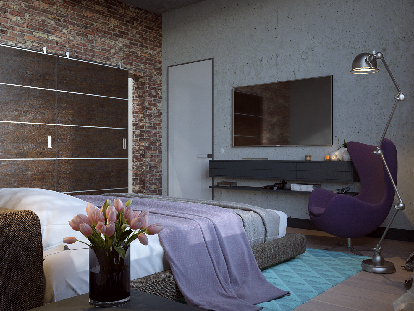 livingroom bedroom bathroom concrete brick LOFT kitchen 3D