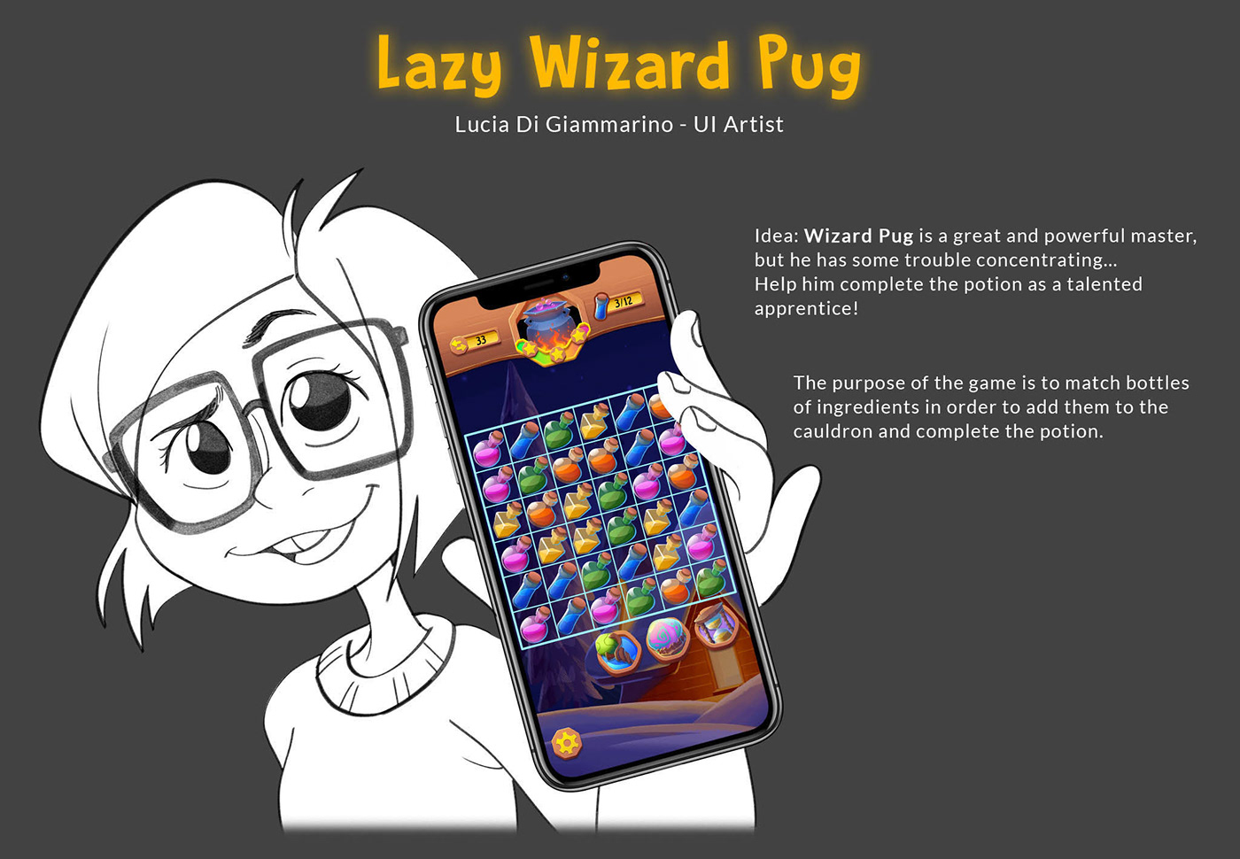 UI mobile game Pug dog wizard Magic   fantasy match3 puzzle video game