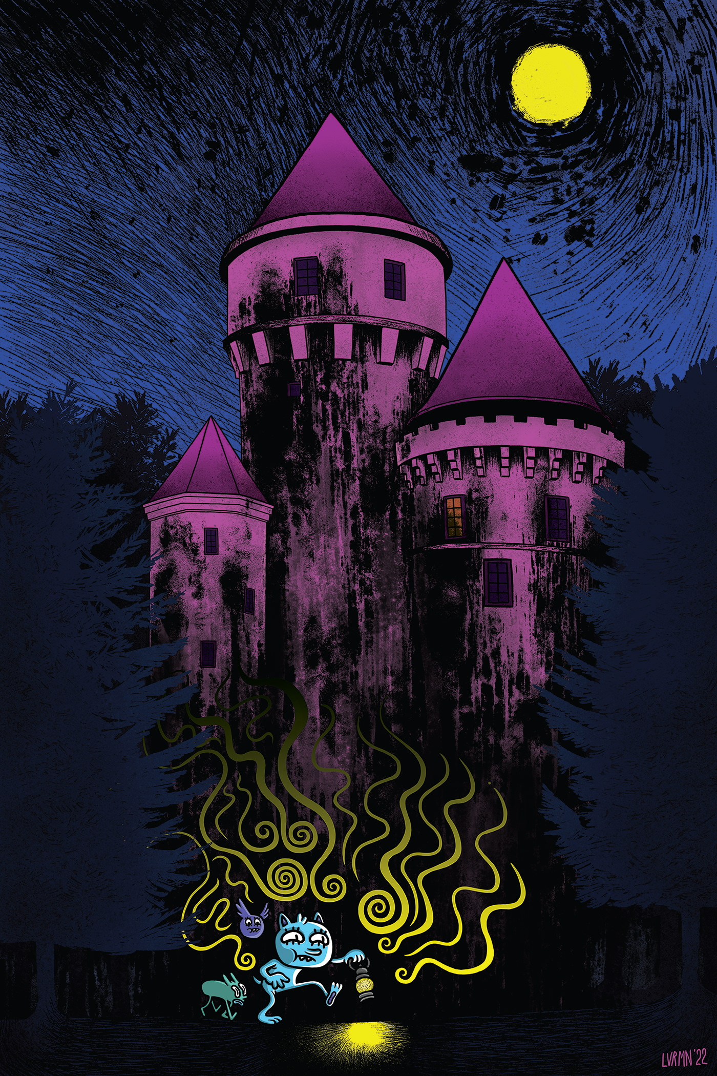 cartoon Castle Character design  digital forest ILLUSTRATION  light moon night purple